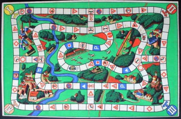 Abel-Klinger "Verkehrszeichenspiel" 1936 Traffic-Boardgame with 4 tincars in original box (9630)